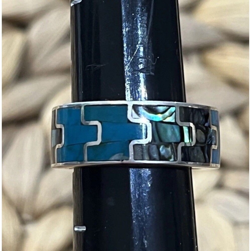 New Mexico Turquoise & Abalone Inlay Sterling Silver 950 Band Ring 6.5 Tribal